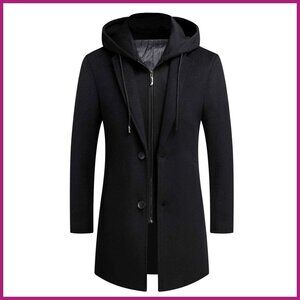 Wool Blend Trench Coat with Detachable Hood, Long Overcoat